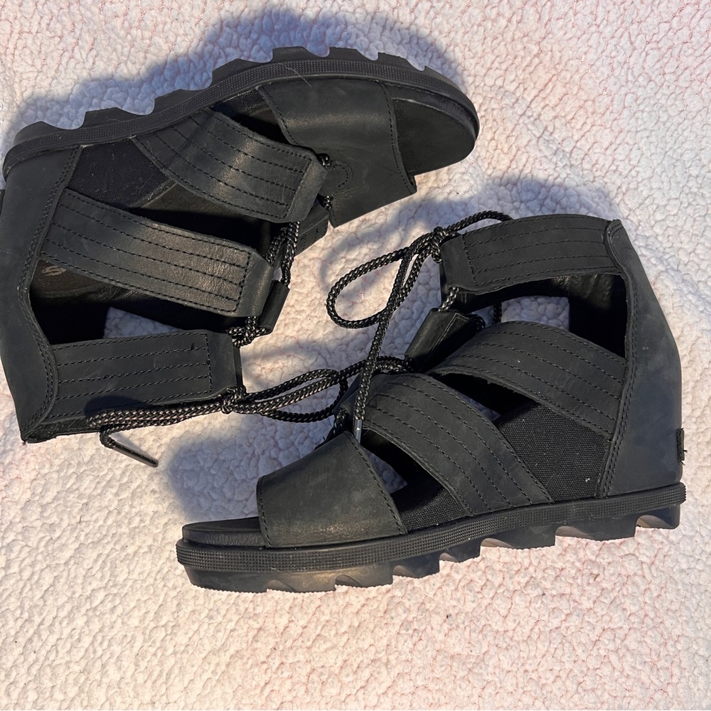 Sorel Joanie II Lace Huarache Wedge Sandals Women’s 9 Black Open Toe